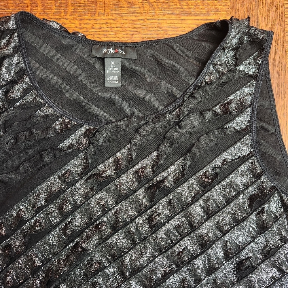 Style & Co black silver shiny shimmer ruffle tank top size XL lightweight - Picture 4 of 8